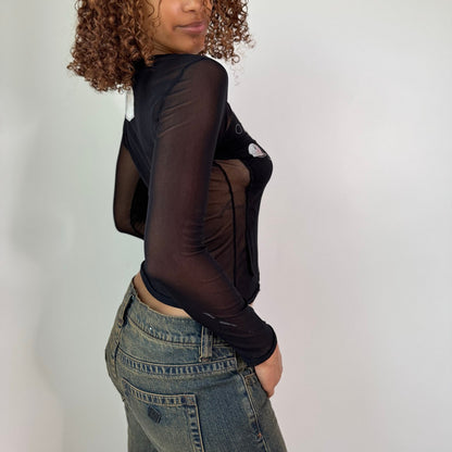 Vintage Black Graphic Mesh Long Sleeve Top (S)