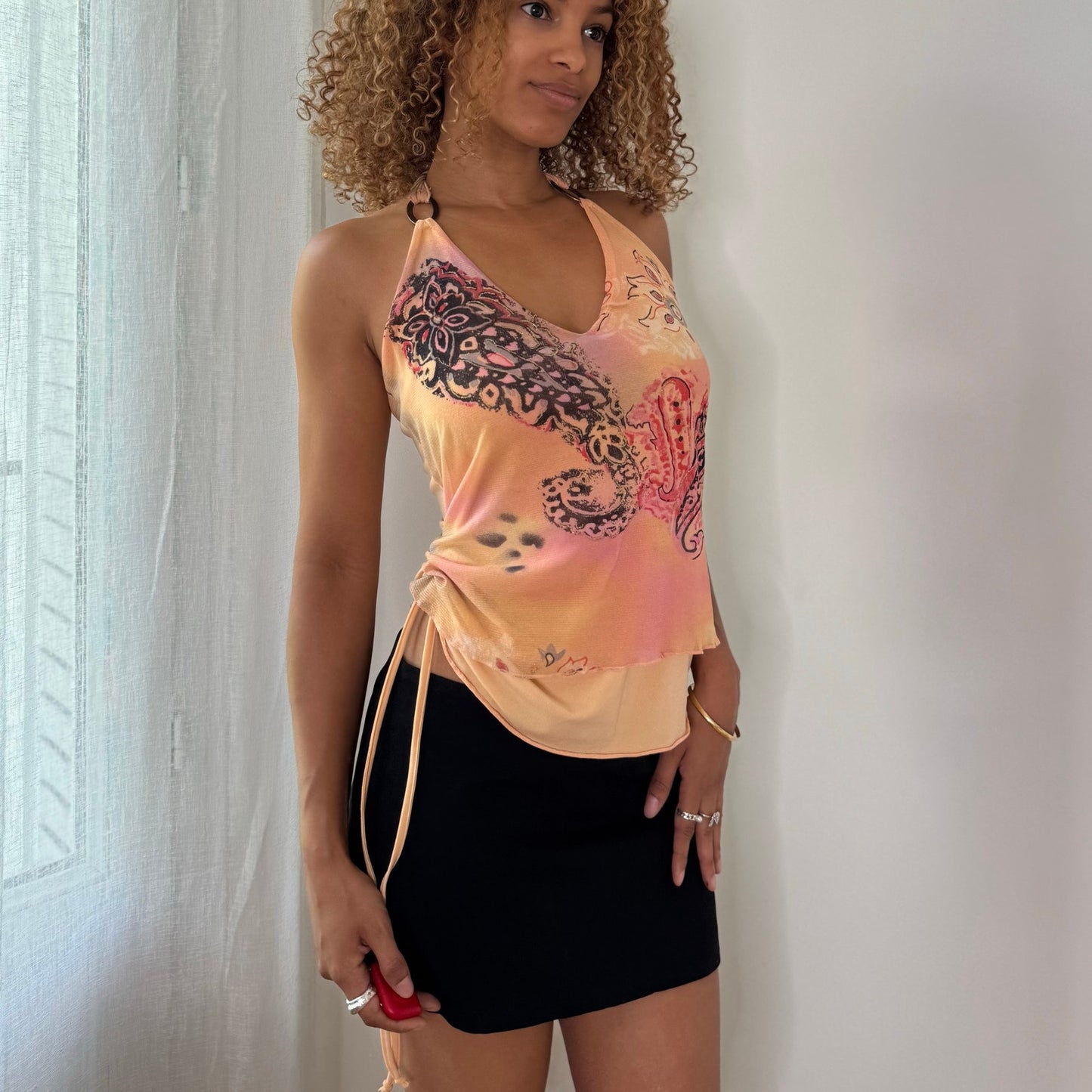 Vintage Peach Orange Pink Paisley Layered Mesh Halter Top Italian Y2K (S/M)
