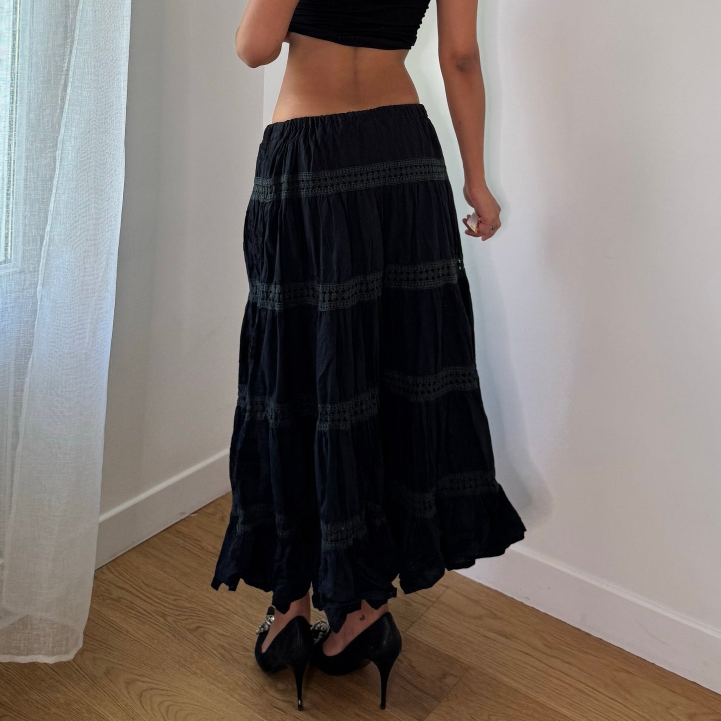 Vintage Black Cotton Maxi Skirt Tonal Embroidery Tiered Boho Y2K (XS/S)