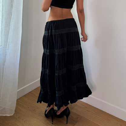 Vintage Black Cotton Maxi Skirt Tonal Embroidery Tiered Boho Y2K (XS/S)