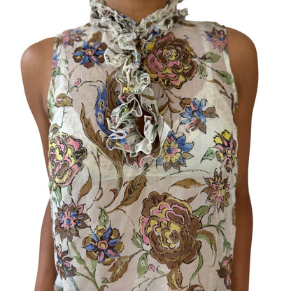 Vintage Italian Sheer Mesh Ruffle-Neck Floral Tunic Top (M/L)