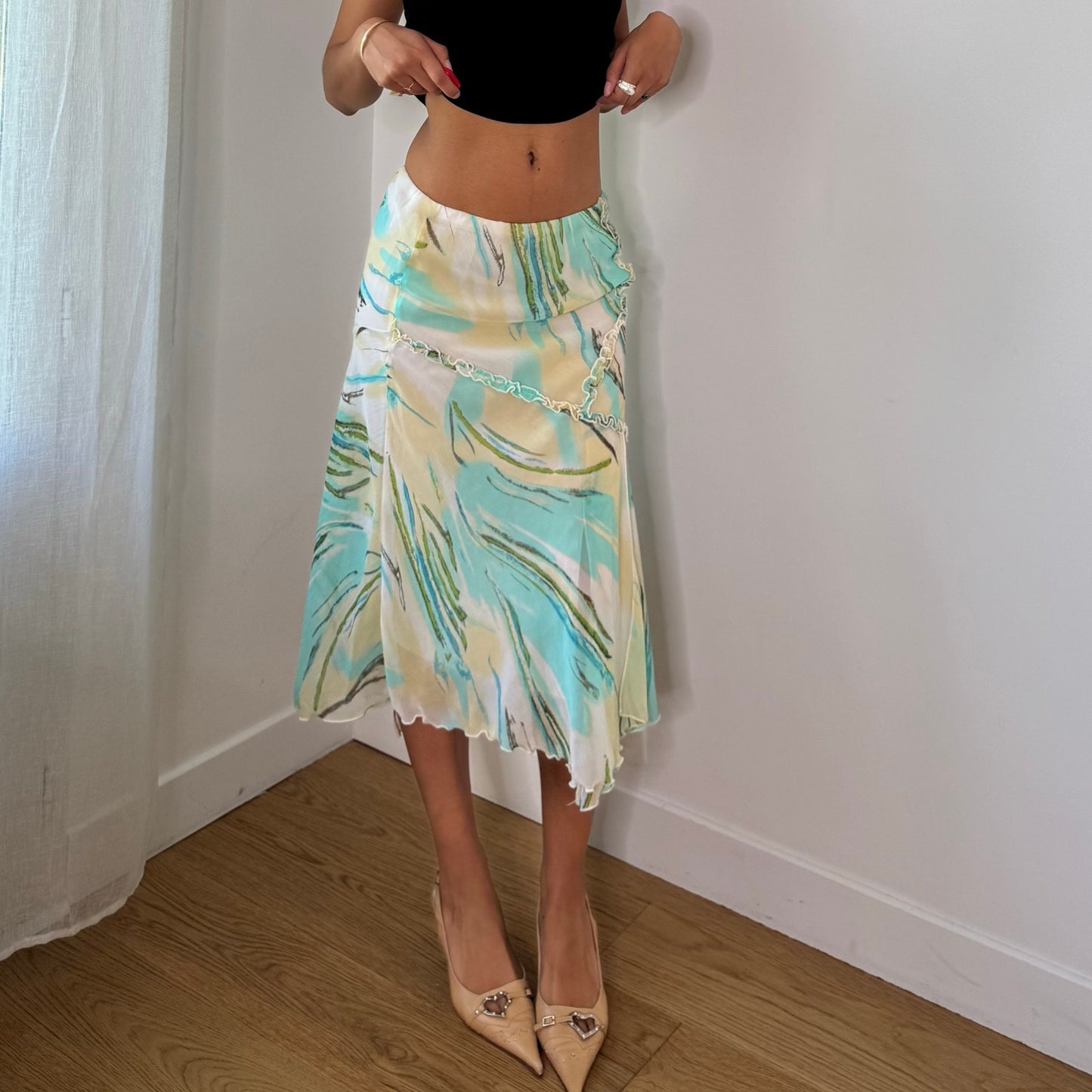 Vintage Aqua Blue Cream Green Abstract Mesh Midi Skirt Italian Y2K (XS/S)