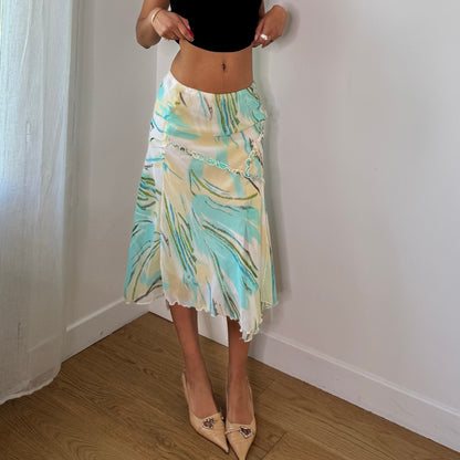 Vintage Aqua Blue Cream Green Abstract Mesh Midi Skirt Italian Y2K (XS/S)