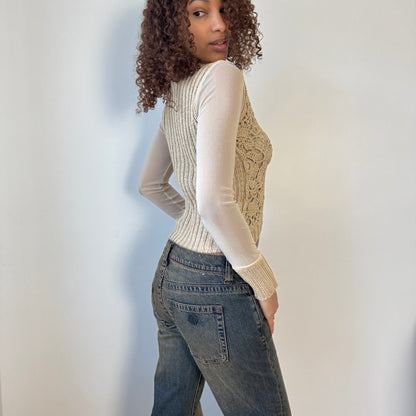 Italian vintage beige crochet knit cardigan with sheer mesh sleeves & ribbed knit cuffs (S)