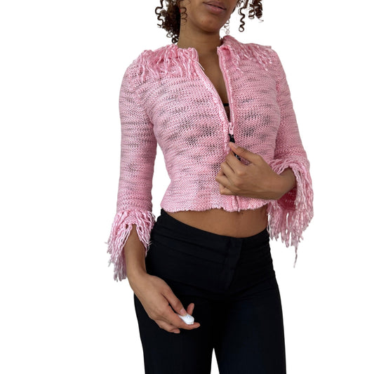 Vintage Pink Fringe Knit Cropped Jacket Zip Up Y2K Euro (XS/S)
