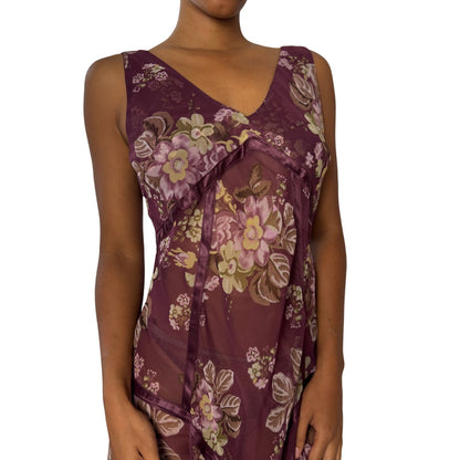 Italian Vintage Semi-Sheer Chiffon Bias-Cut Floral Midi Dress (M/L)