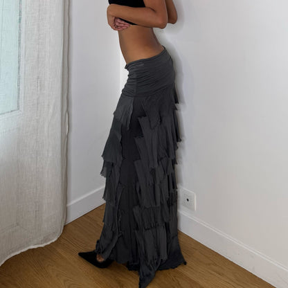 Italian vintage Y2K charcoal grey tiered maxi skirt with silk mesh ruffles and ruched waist