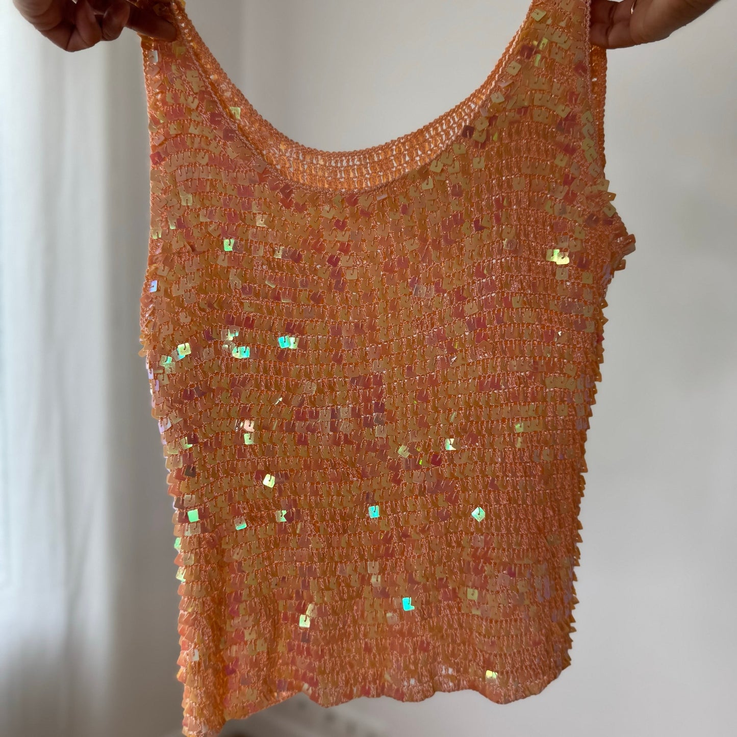 Vintage Peach Sequin Knit Tank Top Y2K Euro Sparkle Top (S)