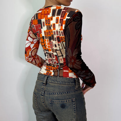 Vintage Brown Orange Abstract Slinky & Mesh Top (S/M) ⠀