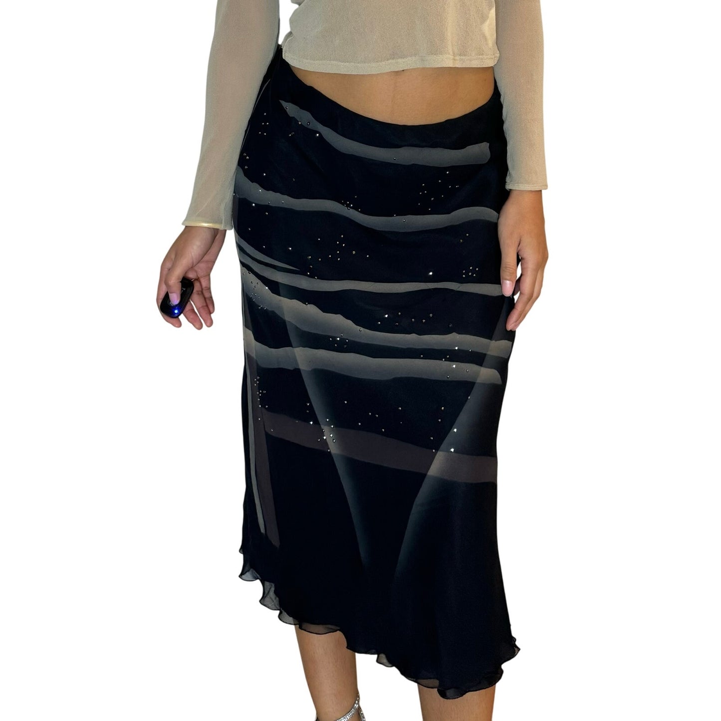 Vintage 90s Silk Midi Skirt with Rhinestones (S/M)