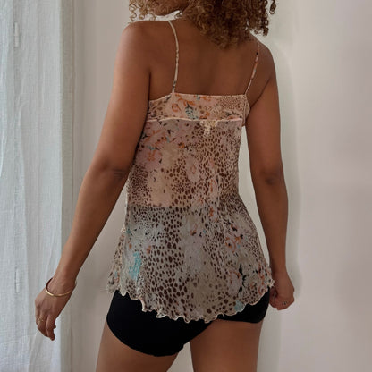 Vintage Silk Mesh Floral & Cheetah Lace Cami Top Sheer Babydoll Italian Y2K (S)