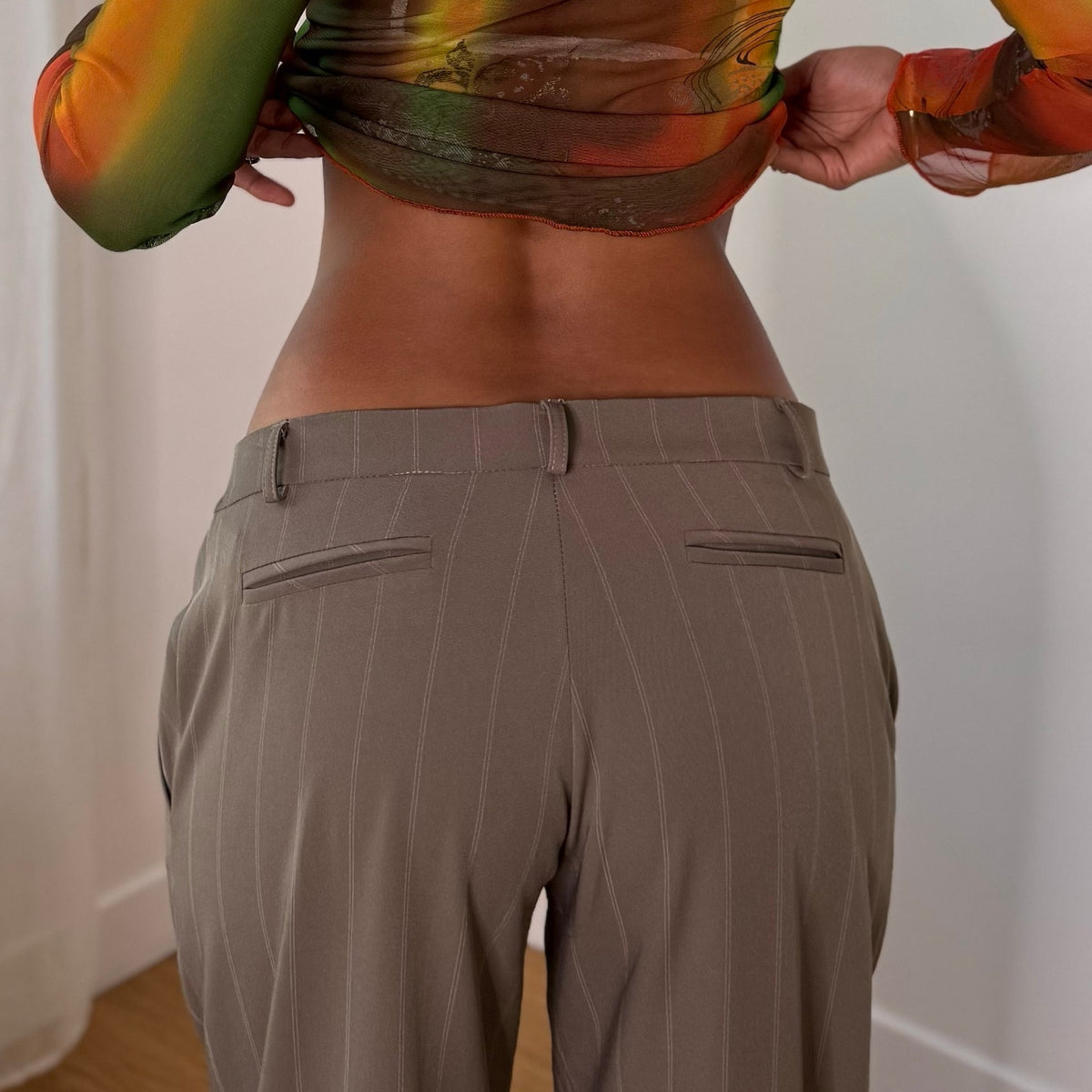 Italian Vintage Green Pinstripe Low Rise Wide Leg Trousers with Silver Ring Hardware