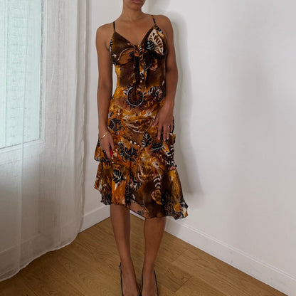 Italian vintage Y2K amber brown & orange abstract paisley print mesh dress with asymmetric ruffle hem