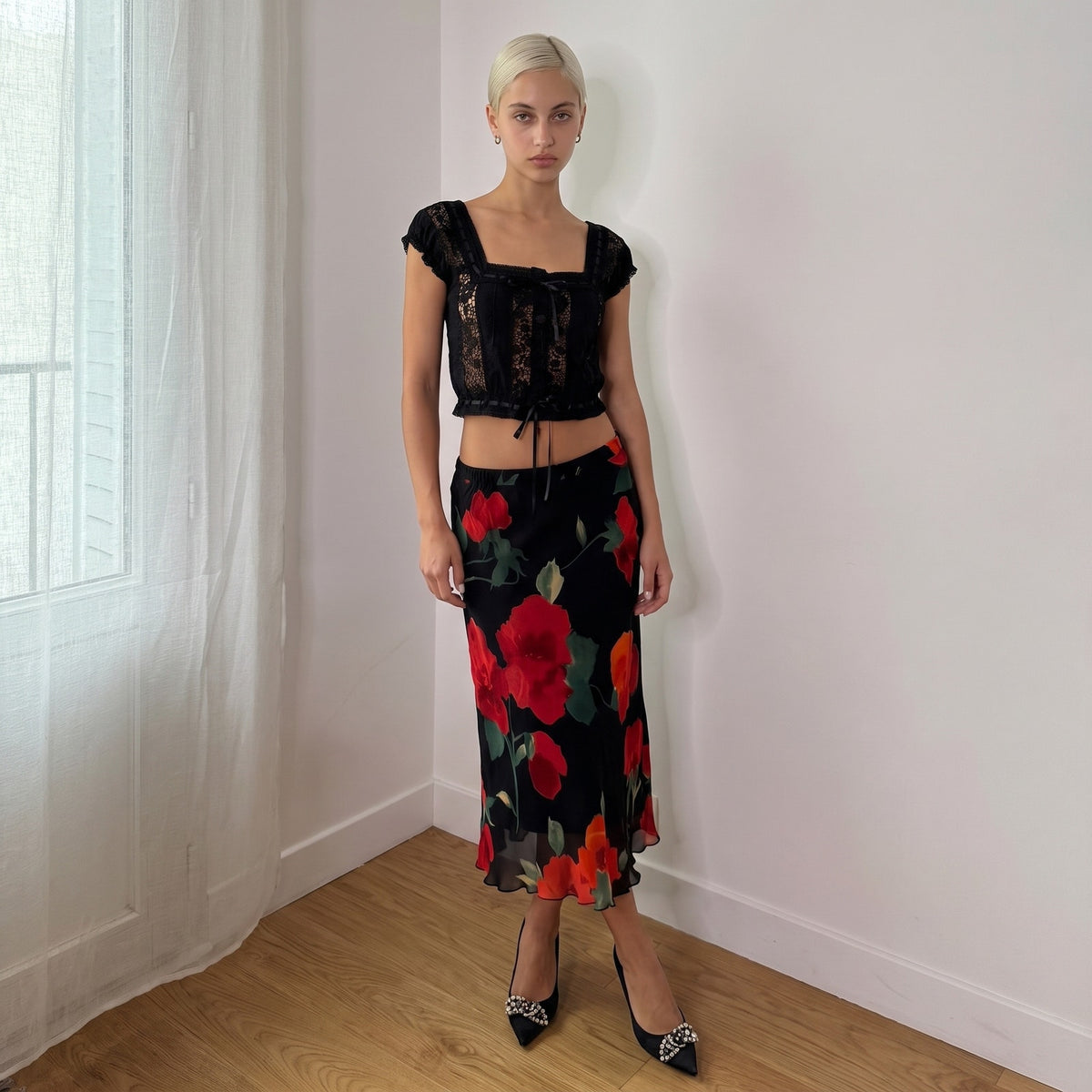 Euro Vintage Black Red Rose Mesh Midi Skirt (S)