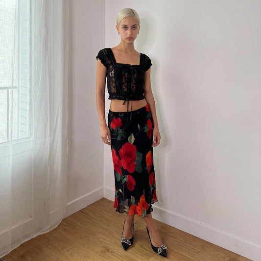 Euro Vintage Black Red Rose Mesh Midi Skirt (S)