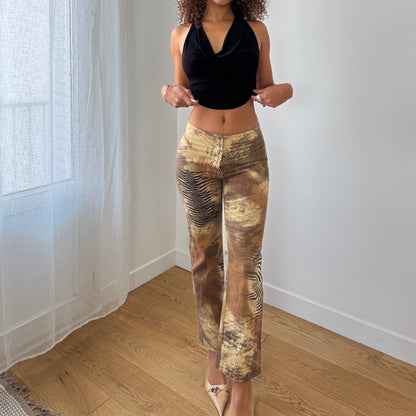 Vintage French abstract earth-tone printed stretch pants with sculpting fit (XS/S)