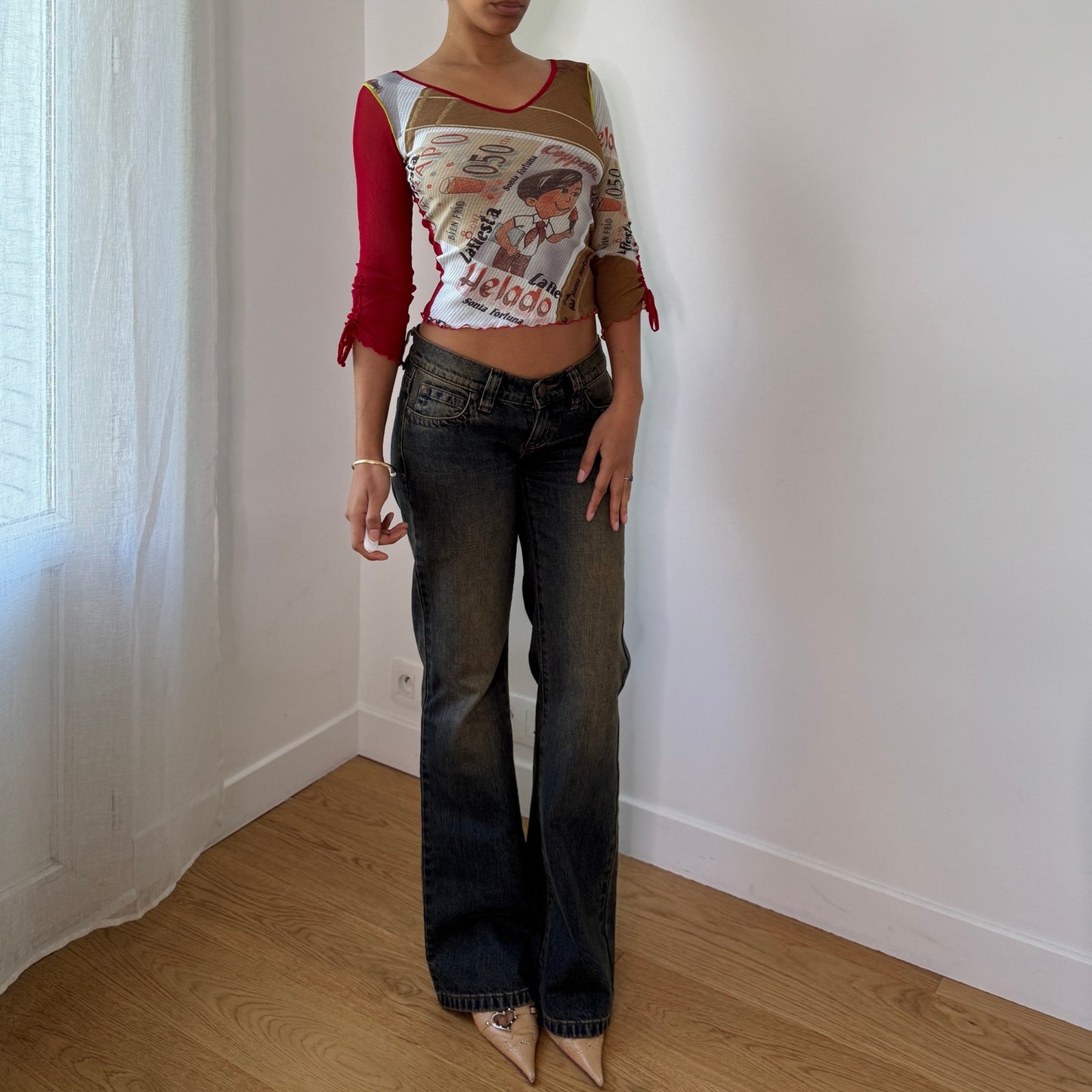 Vintage Sonia Fortuna La Fiesta Mesh Top Italian Graphic Y2K Sheer Top (S) ⠀