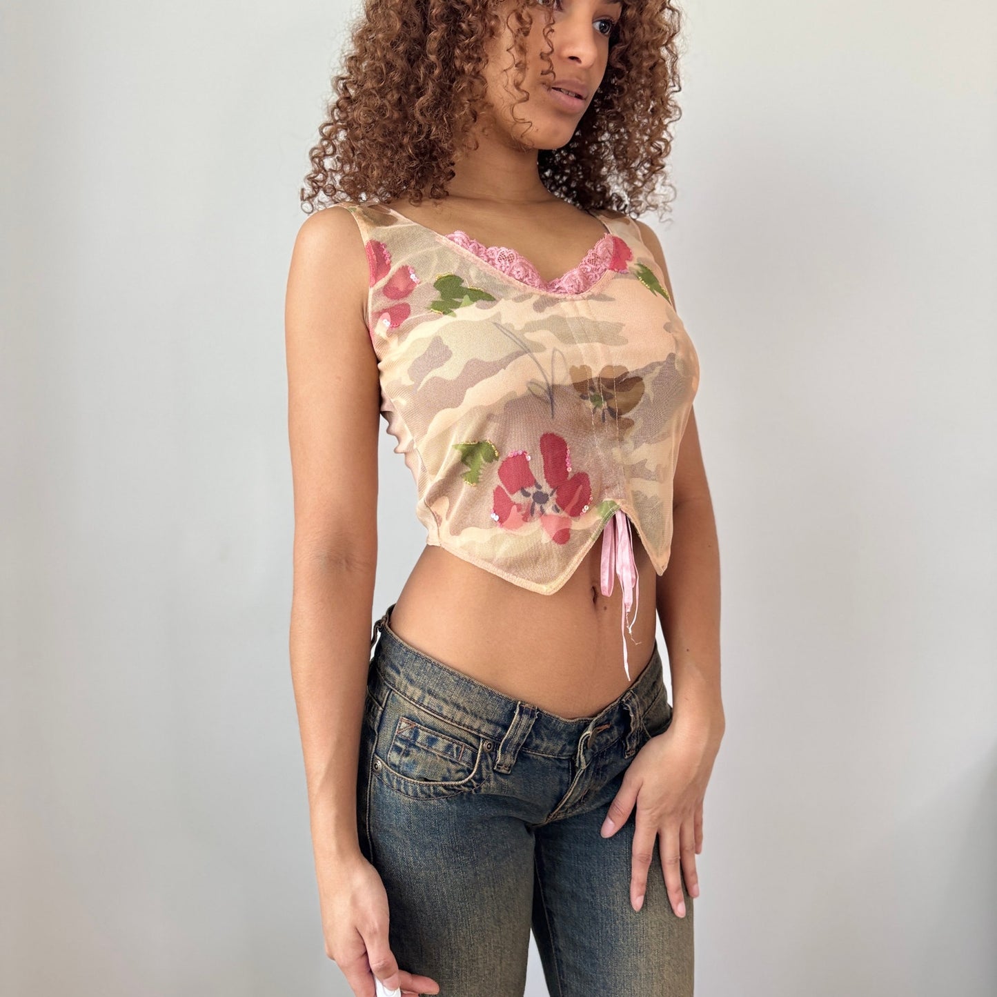 Vintage Euro Mesh Top Nude Floral Lace Trim Fairy Grunge (S)