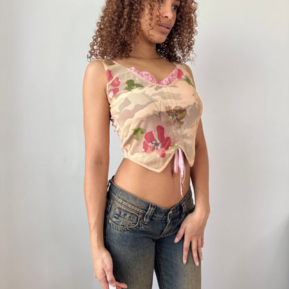 Vintage Euro Mesh Top Nude Floral Lace Trim Fairy Grunge (S)