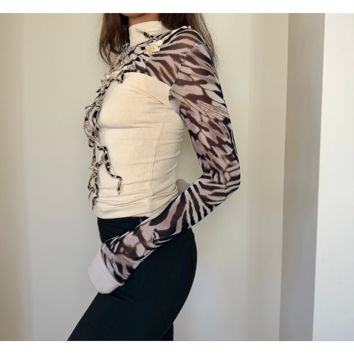 Italian Vintage Cream Brown Zebra Print Mesh Slinky Long Sleeve Top