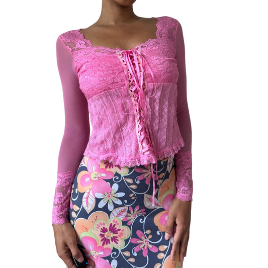 Vintage Pink Lace Corset-Style Top (S)