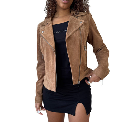 Vintage tan real leather biker jacket with zip front and pocket detail (S/M)