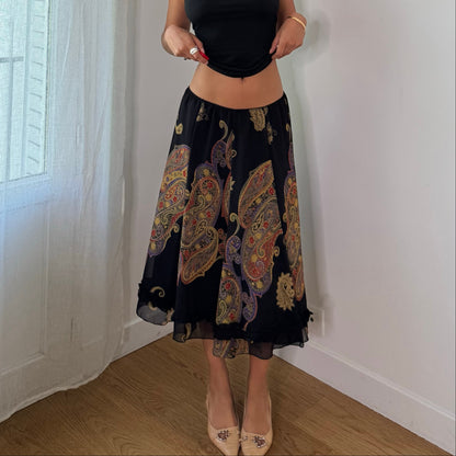 Vintage Black Paisley Mesh Midi Skirt Sheer Double Layer Italian Y2K (S)
