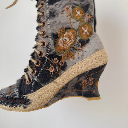 Vintage Denim Embroidered Lace-Up Wedge Boots Frayed Detail (EU 38 / US 8)