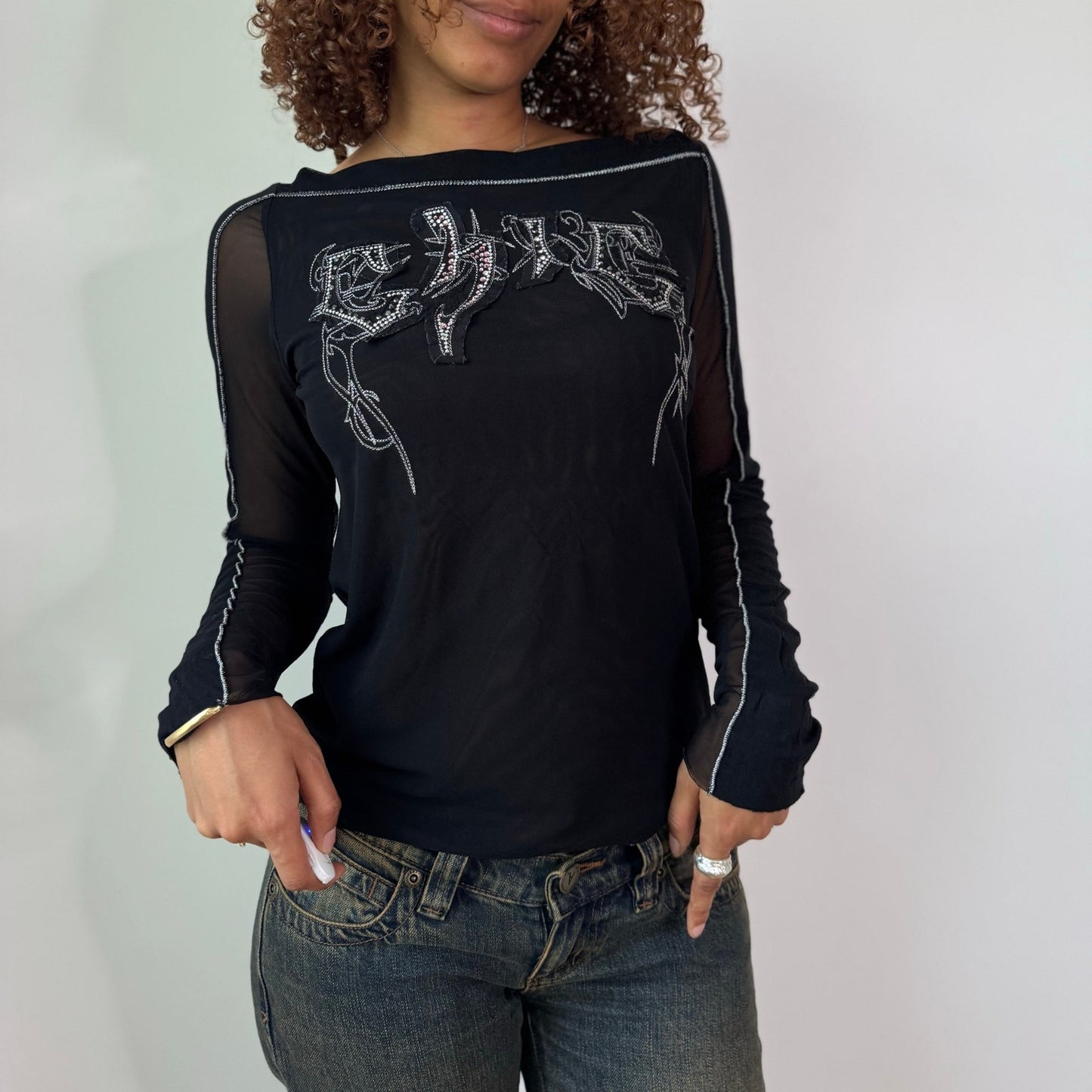 Vintage Black Mesh Rhinestone Graphic Top Sheer Y2K Euro (S/M)