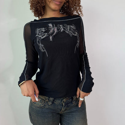 Vintage Black Mesh Rhinestone Graphic Top Sheer Y2K Euro (S/M)