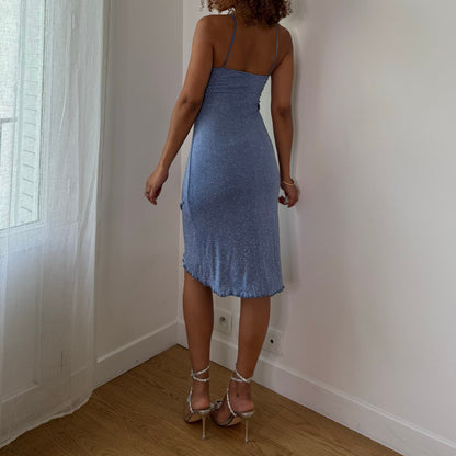 Vintage Blue Glitter Knit Mini Dress Sparkle Asymmetrical Hem Y2K (S)