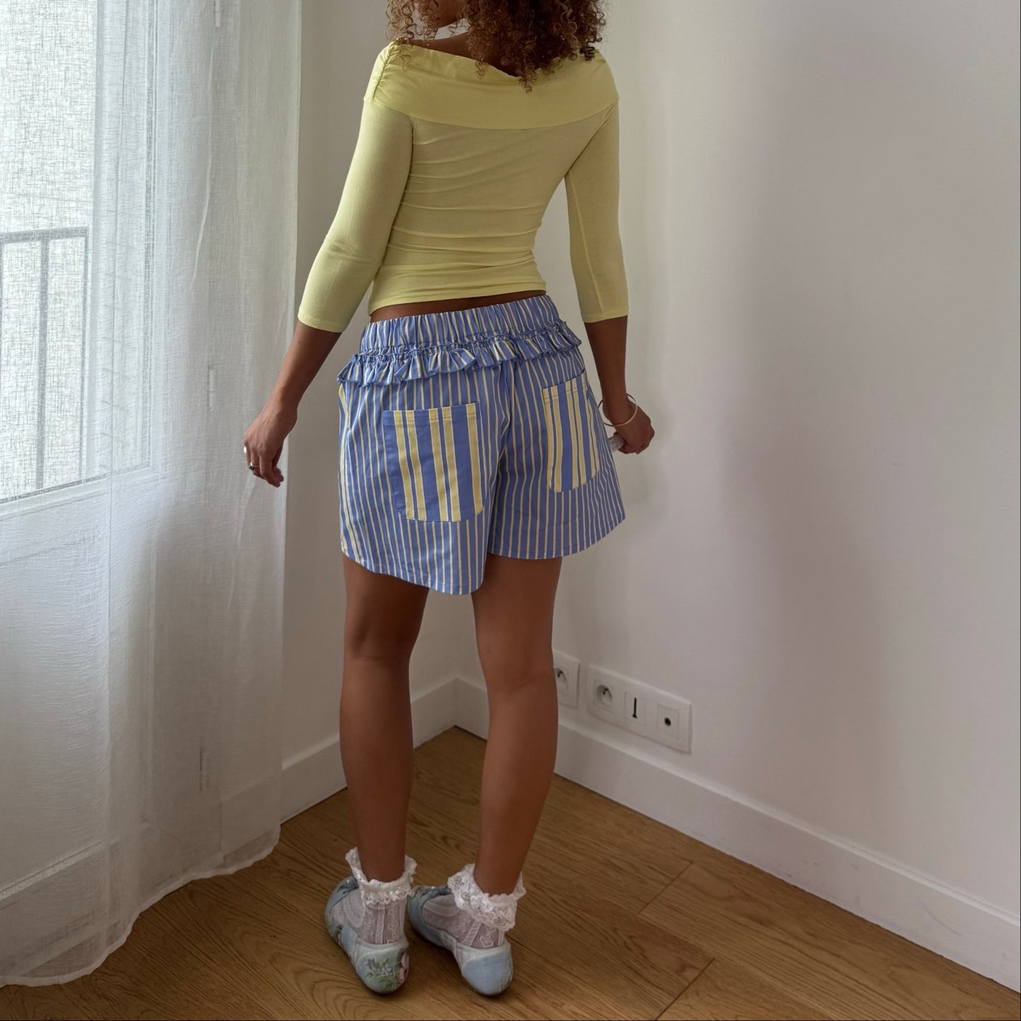 Vintage Yellow Ruched Off Shoulder Top Rosette Detail French Y2K (S)