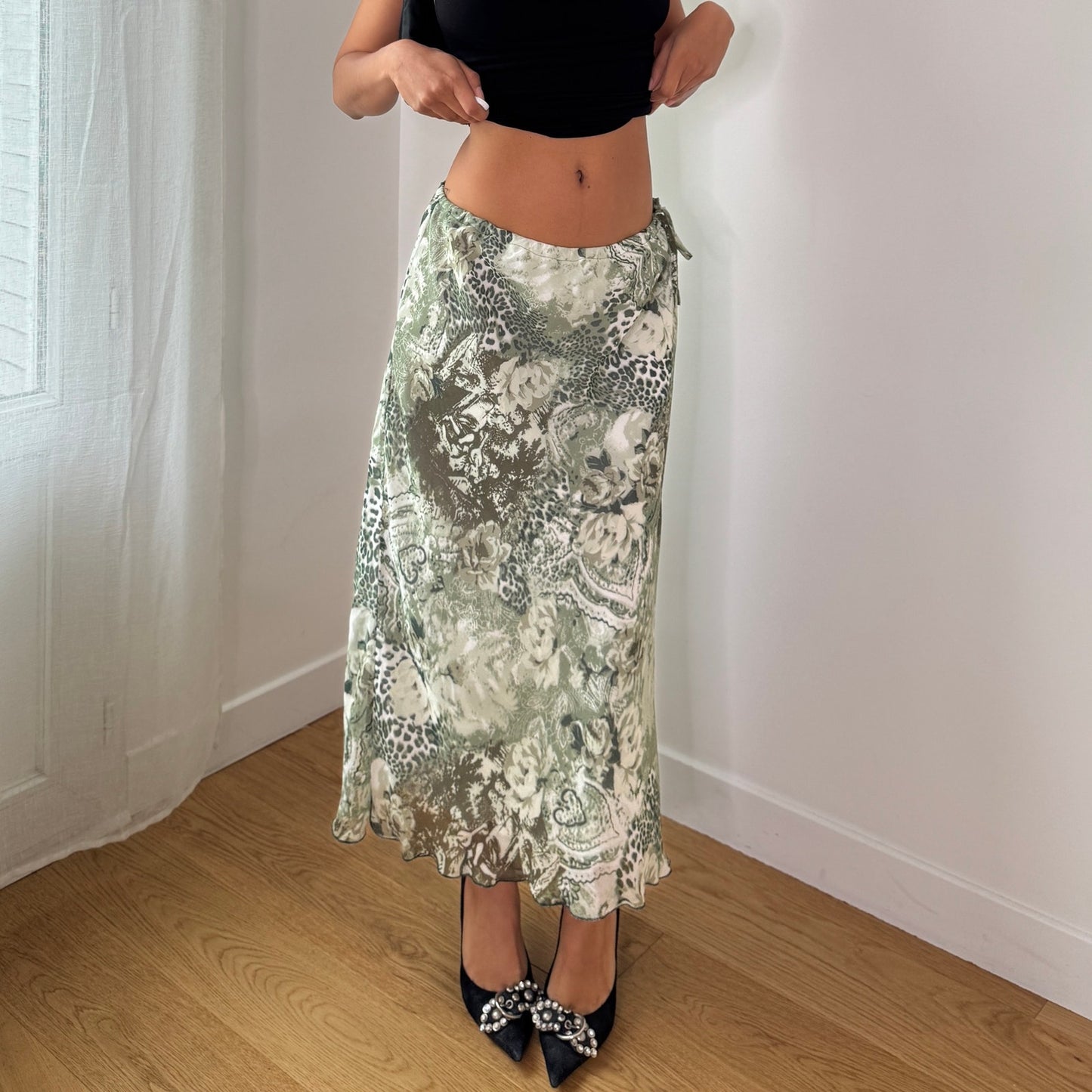 Vintage Sage Floral Mesh Midi Skirt Y2K Tie Side Fairy Skirt (S/M) ⠀