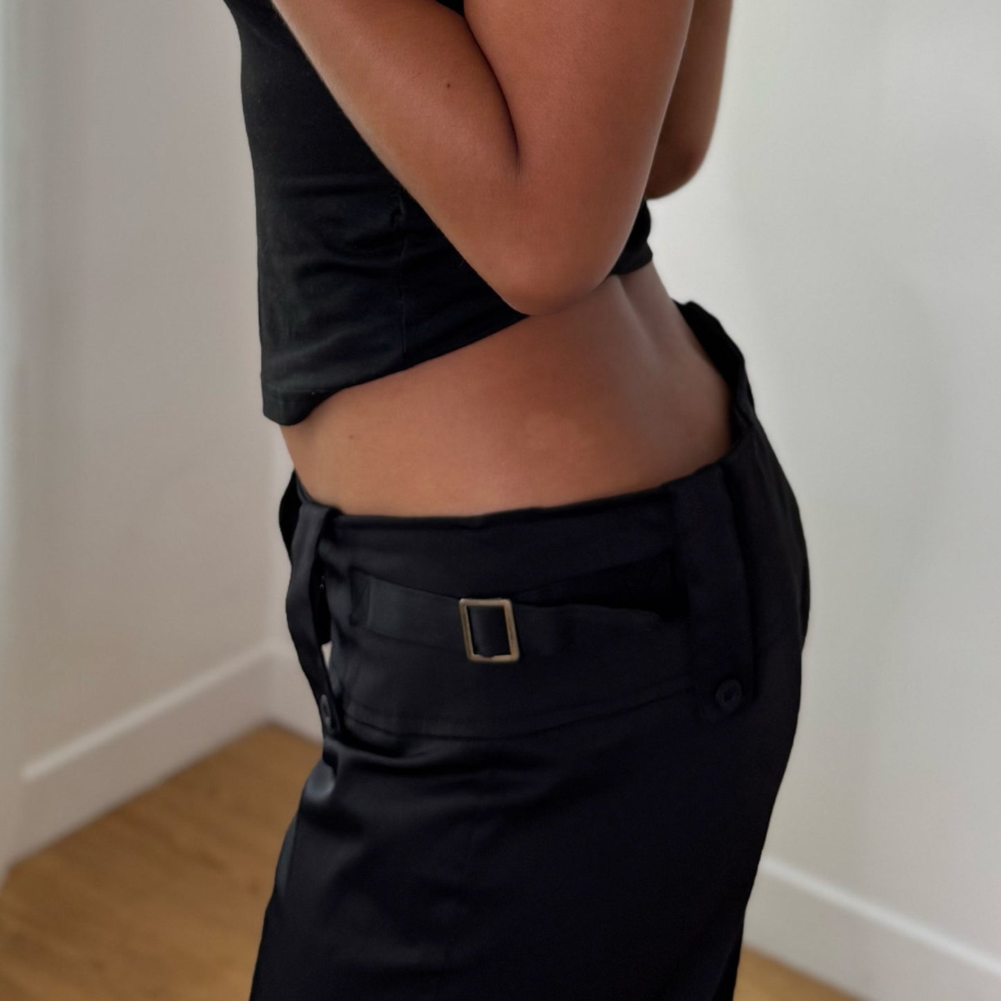 Vintage Black Buckle Waist Flare Pants Euro Y2K Trousers (S)