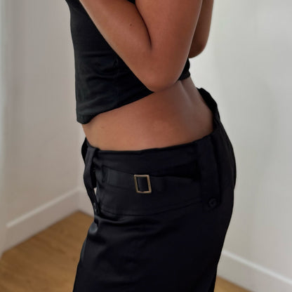 Vintage Black Buckle Waist Flare Pants Euro Y2K Trousers (S)