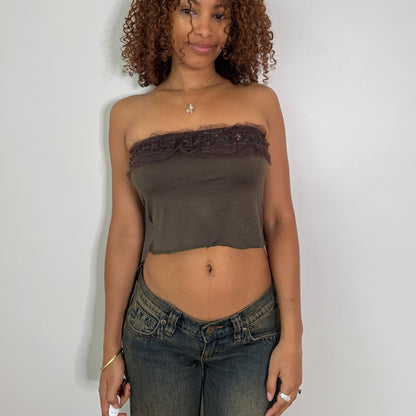Vintage Brown Strapless Slinky Tube Top Beaded Mesh Trim Y2K Italy (S)