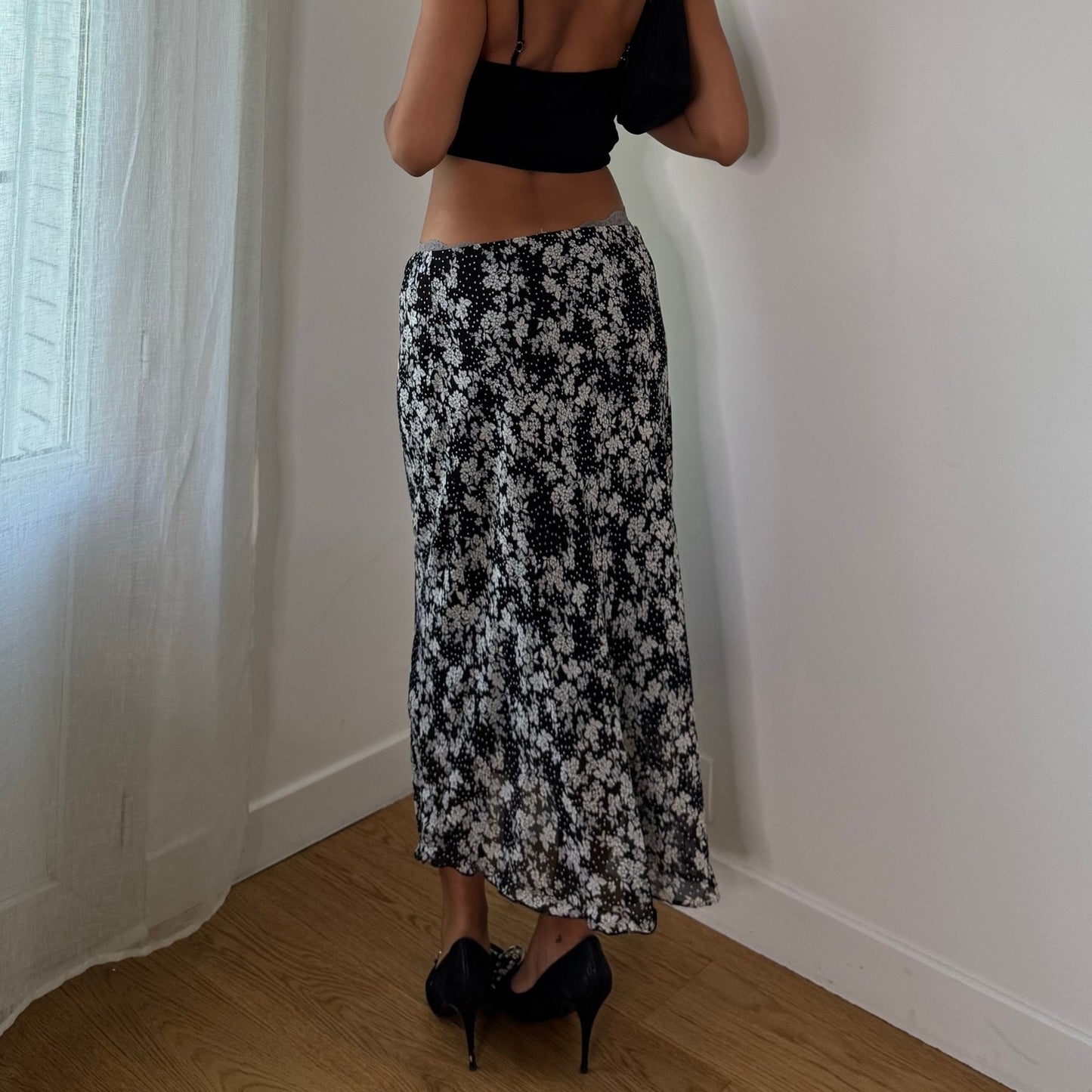 Vintage Black White Floral & Polka Dot Mesh Midi Skirt Italian Y2K (S)