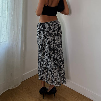 Vintage Black White Floral & Polka Dot Mesh Midi Skirt Italian Y2K (S)