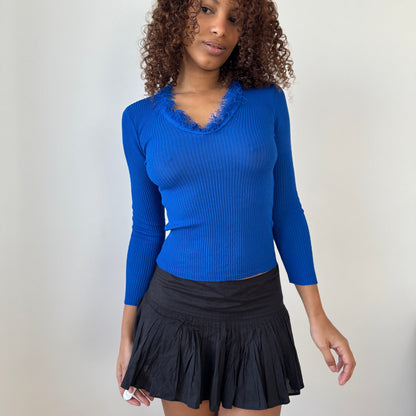 Vintage Italian Y2K Cobalt Blue Ribbed Knit Feather Trim Long Sleeve Top (Small)