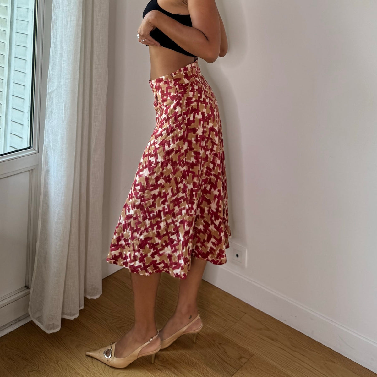Vintage 90s Italian 100% Silk Abstract Print Midi Skirt