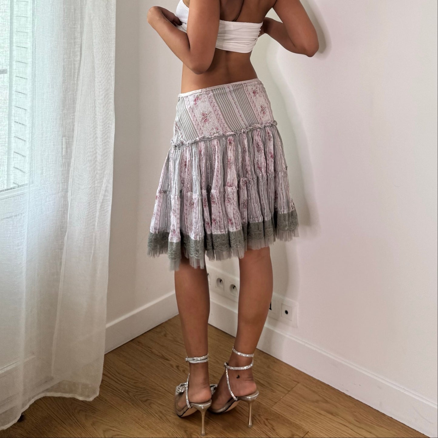 Vintage Derhy Floral Lace Tiered Mesh Skirt Y2K (S)