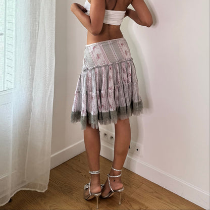Vintage Derhy Floral Lace Tiered Mesh Skirt Y2K (S)