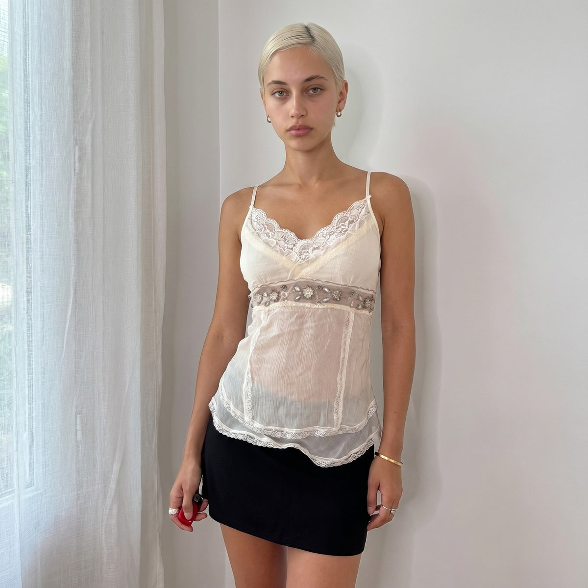 Vintage Ivory 100% Silk Lace Beaded Cami (S/M)