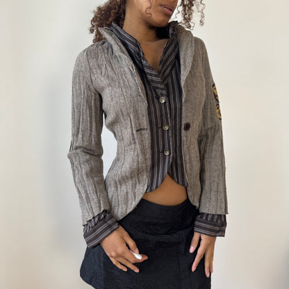 Vintage herringbone blazer with striped contrast and embroidered patches (S/M)
