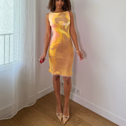 Vintage Yellow Orange Red Geisha Graphic Beaded Slinky Midi Dress Italian Y2K (S)