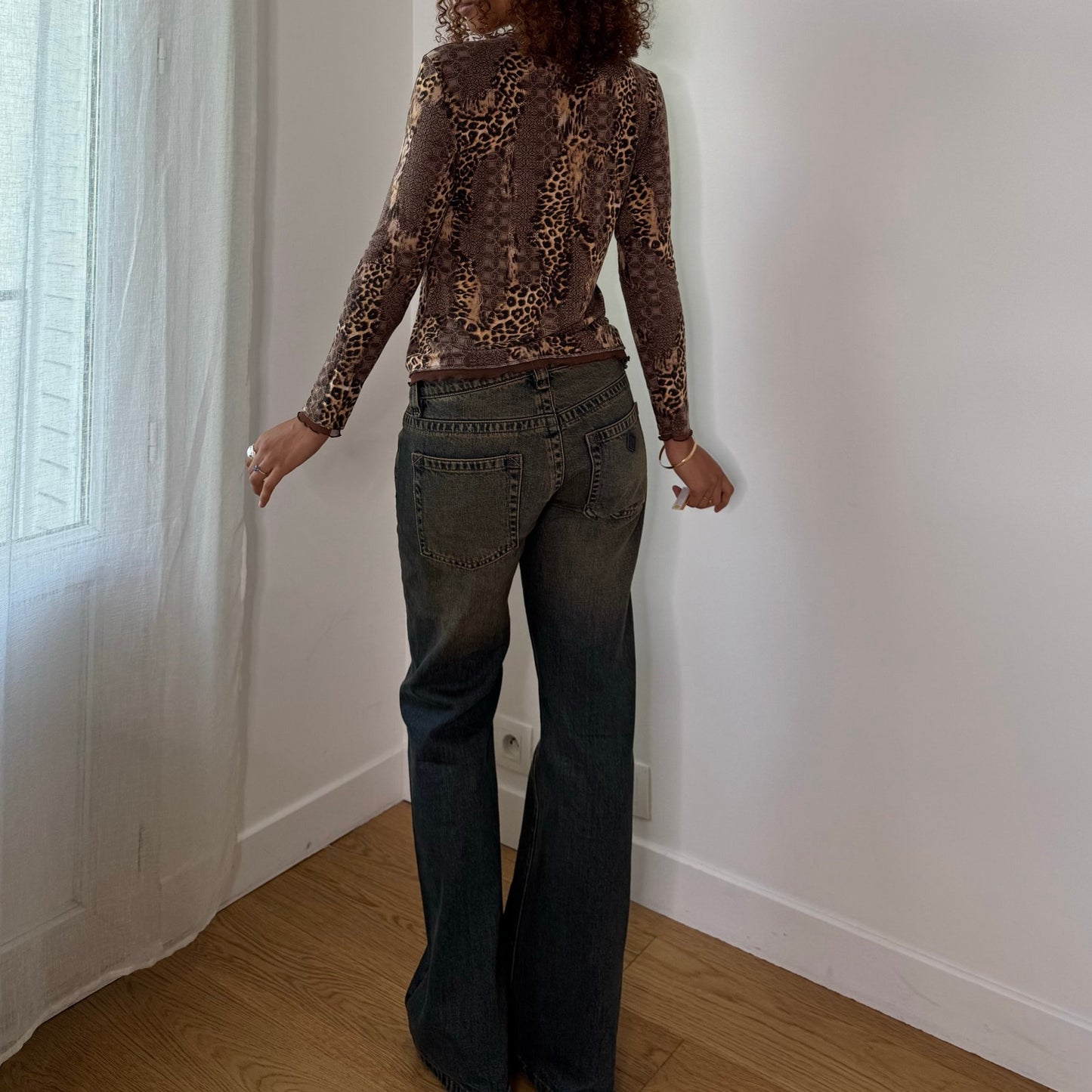 Vintage Brown Leopard Patchwork Mesh Long Sleeve Top Euro Y2K (S/M)