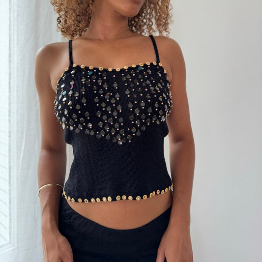 Vintage Black Embellished Knit Cami Top Sequin Beaded Y2K (S/M)