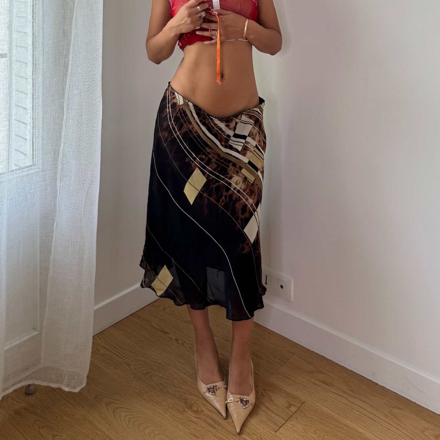 Vintage Black Brown Abstract Mesh Midi Skirt Italian Y2K (M/L)
