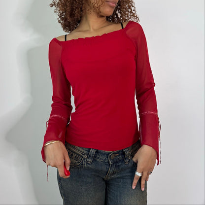 Vintage Red Burgundy Sheer Mesh Bell Sleeve Top Italian Y2K (S/M)