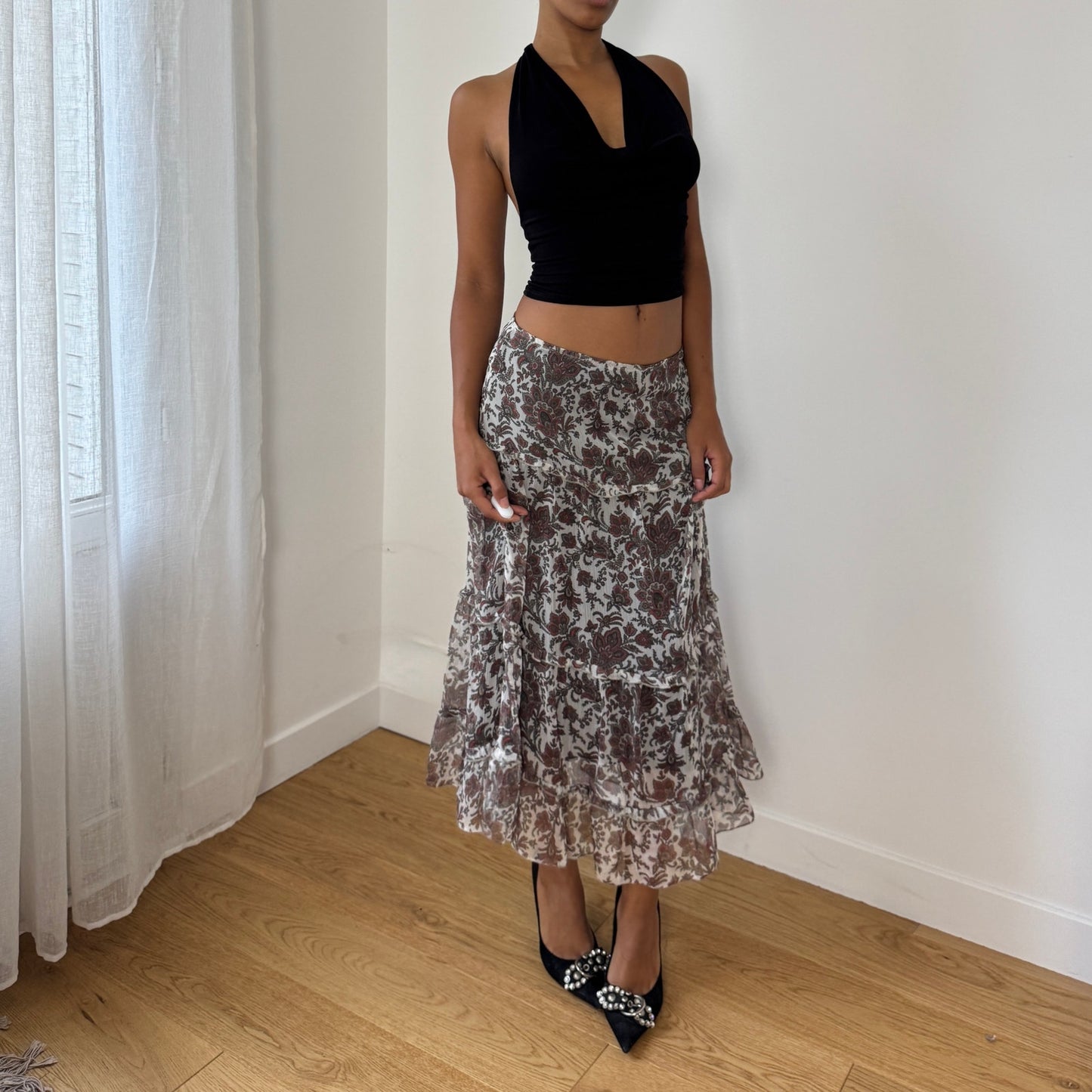 Vintage Italian Floral Sheer-Overlay Ruffle Midi Skirt (Small)